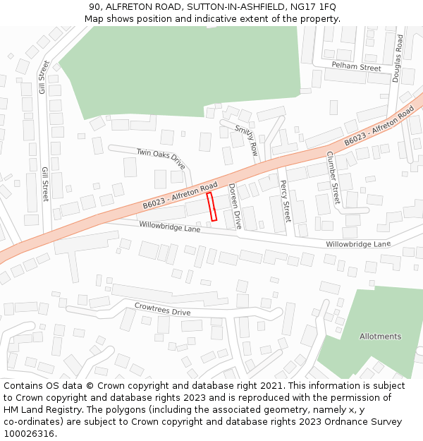 90, ALFRETON ROAD, SUTTON-IN-ASHFIELD, NG17 1FQ: Location map and indicative extent of plot