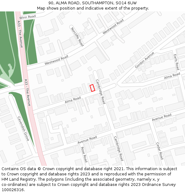 90, ALMA ROAD, SOUTHAMPTON, SO14 6UW: Location map and indicative extent of plot