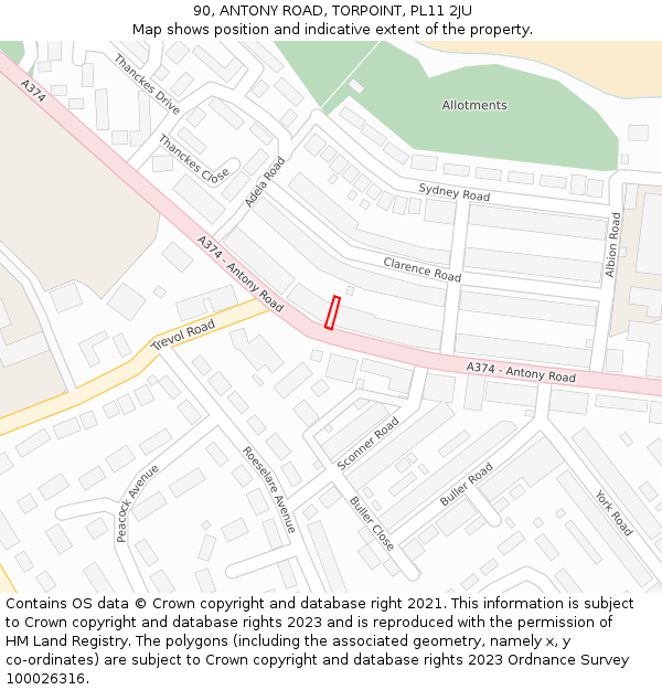 90, ANTONY ROAD, TORPOINT, PL11 2JU: Location map and indicative extent of plot