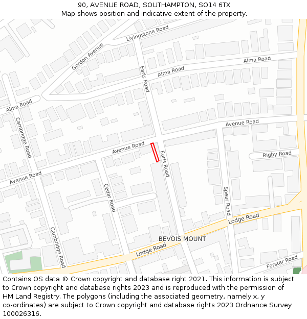 90, AVENUE ROAD, SOUTHAMPTON, SO14 6TX: Location map and indicative extent of plot