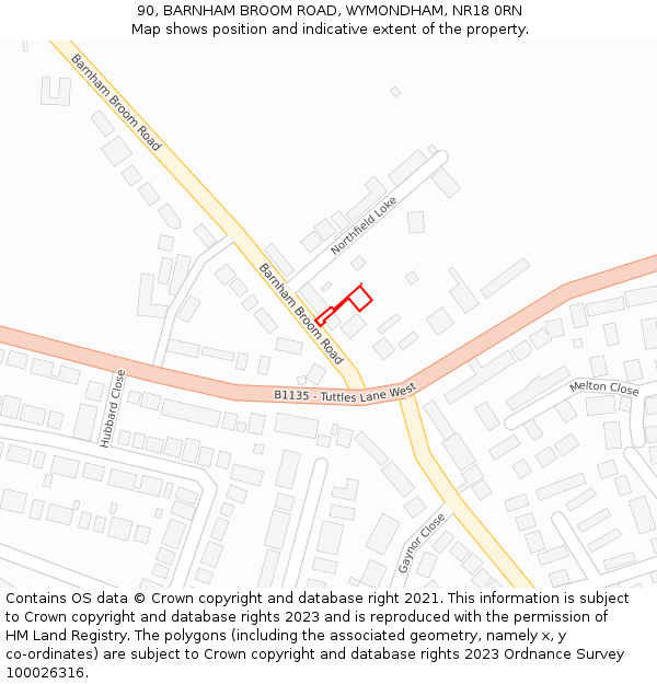 90, BARNHAM BROOM ROAD, WYMONDHAM, NR18 0RN: Location map and indicative extent of plot