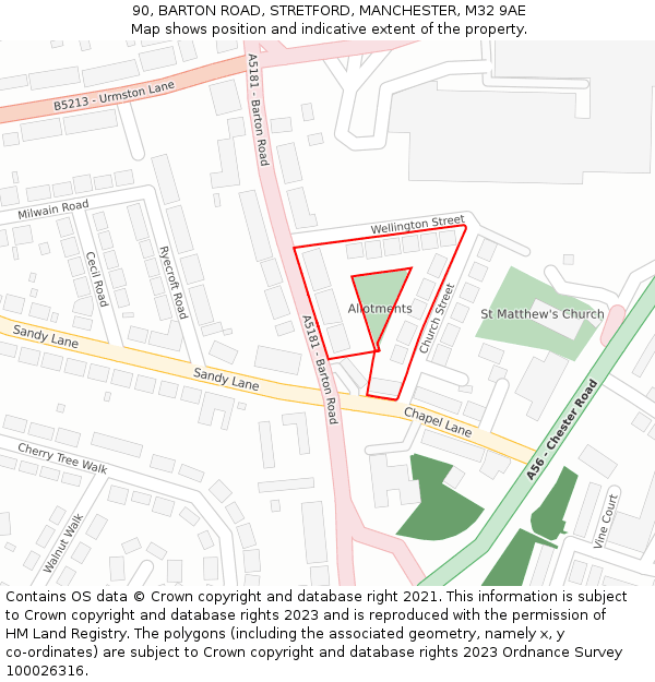 90, BARTON ROAD, STRETFORD, MANCHESTER, M32 9AE: Location map and indicative extent of plot