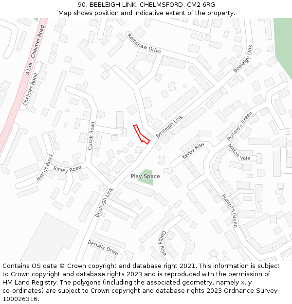 90, BEELEIGH LINK, CHELMSFORD, CM2 6RG: Location map and indicative extent of plot