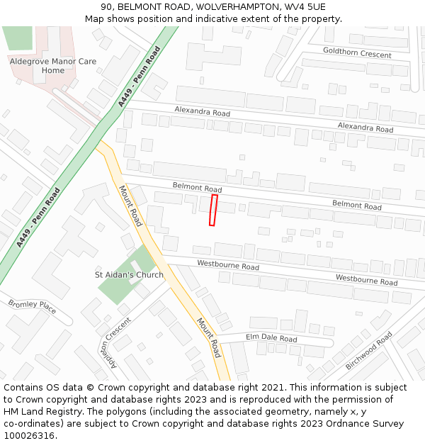 90, BELMONT ROAD, WOLVERHAMPTON, WV4 5UE: Location map and indicative extent of plot