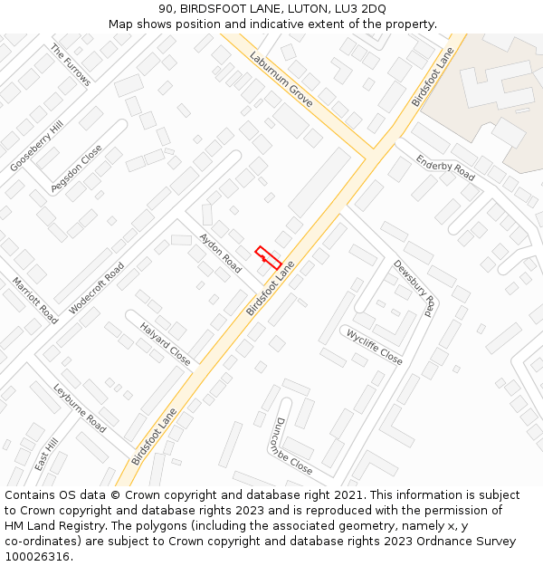 90, BIRDSFOOT LANE, LUTON, LU3 2DQ: Location map and indicative extent of plot