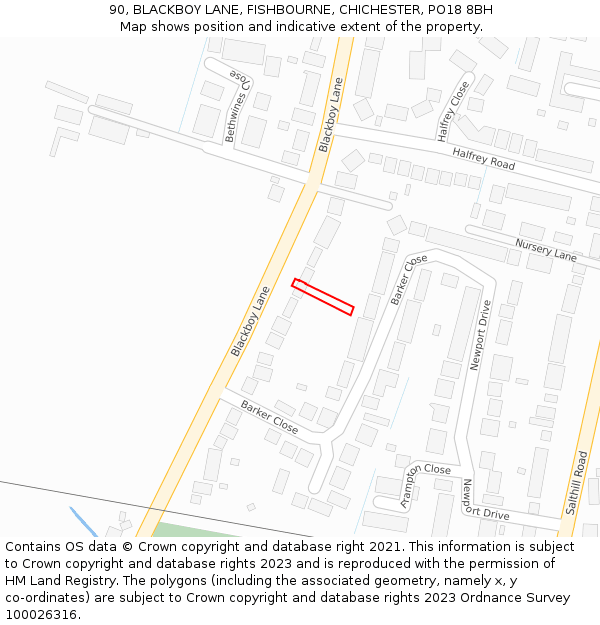 90, BLACKBOY LANE, FISHBOURNE, CHICHESTER, PO18 8BH: Location map and indicative extent of plot