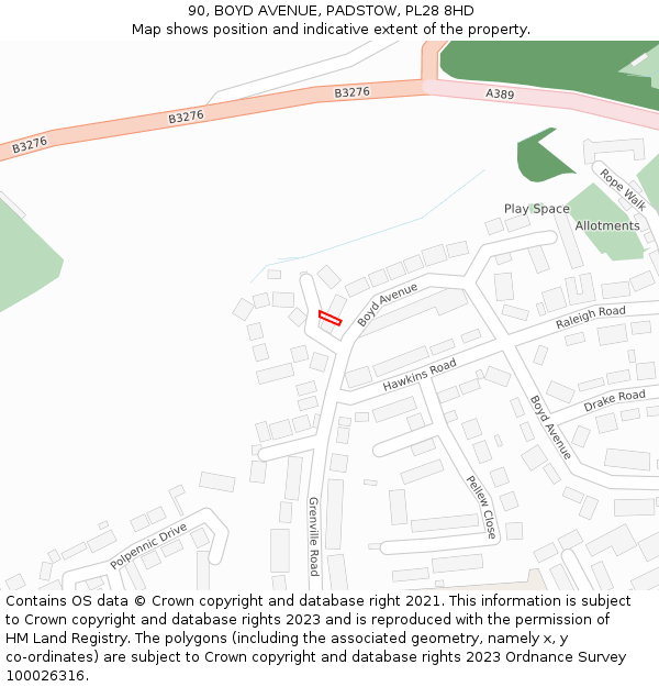 90, BOYD AVENUE, PADSTOW, PL28 8HD: Location map and indicative extent of plot