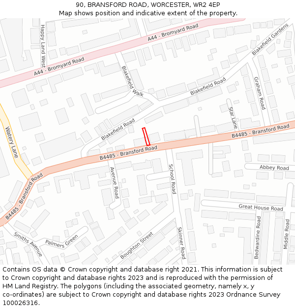90, BRANSFORD ROAD, WORCESTER, WR2 4EP: Location map and indicative extent of plot