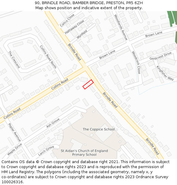 90, BRINDLE ROAD, BAMBER BRIDGE, PRESTON, PR5 6ZH: Location map and indicative extent of plot