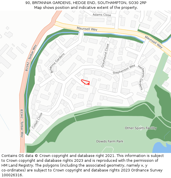 90, BRITANNIA GARDENS, HEDGE END, SOUTHAMPTON, SO30 2RP: Location map and indicative extent of plot