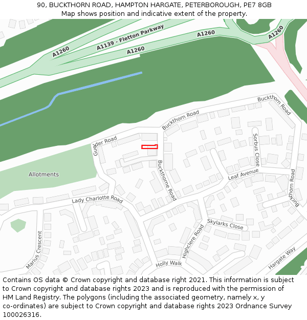90, BUCKTHORN ROAD, HAMPTON HARGATE, PETERBOROUGH, PE7 8GB: Location map and indicative extent of plot