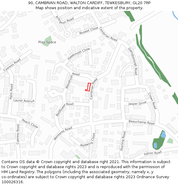 90, CAMBRIAN ROAD, WALTON CARDIFF, TEWKESBURY, GL20 7RP: Location map and indicative extent of plot