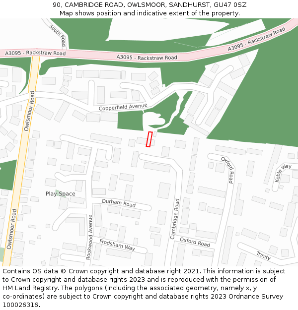 90, CAMBRIDGE ROAD, OWLSMOOR, SANDHURST, GU47 0SZ: Location map and indicative extent of plot