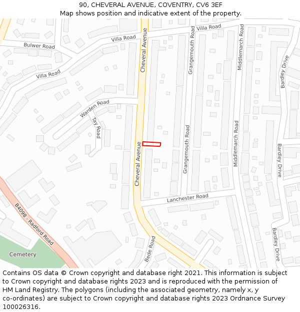 90, CHEVERAL AVENUE, COVENTRY, CV6 3EF: Location map and indicative extent of plot