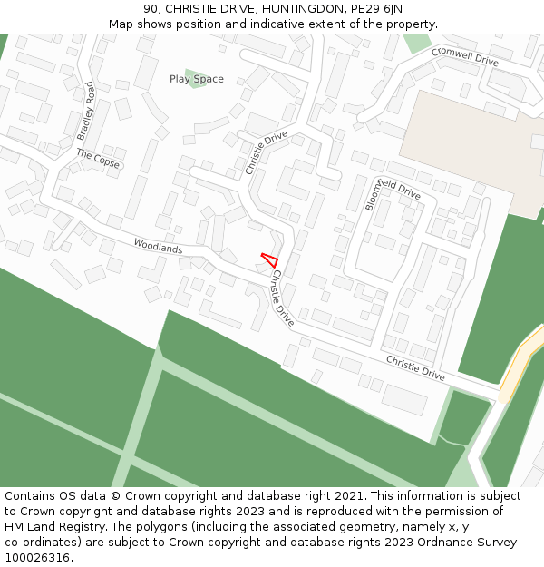 90, CHRISTIE DRIVE, HUNTINGDON, PE29 6JN: Location map and indicative extent of plot