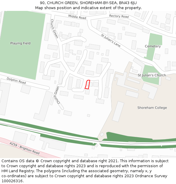 90, CHURCH GREEN, SHOREHAM-BY-SEA, BN43 6JU: Location map and indicative extent of plot