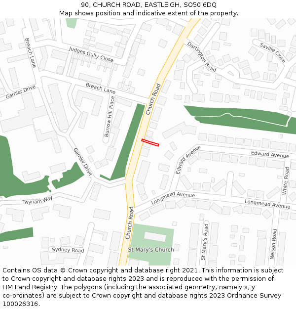 90, CHURCH ROAD, EASTLEIGH, SO50 6DQ: Location map and indicative extent of plot