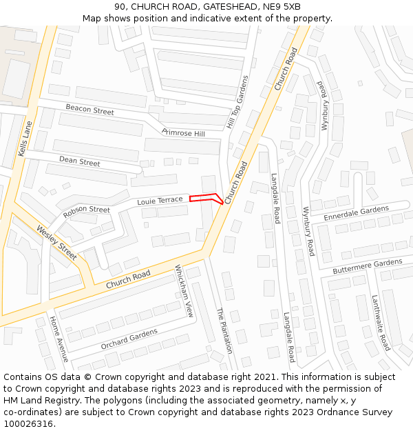 90, CHURCH ROAD, GATESHEAD, NE9 5XB: Location map and indicative extent of plot