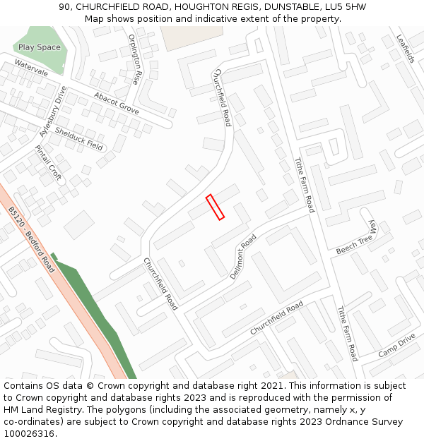 90, CHURCHFIELD ROAD, HOUGHTON REGIS, DUNSTABLE, LU5 5HW: Location map and indicative extent of plot
