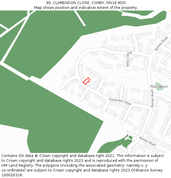 90, CLARENDON CLOSE, CORBY, NN18 8DD: Location map and indicative extent of plot