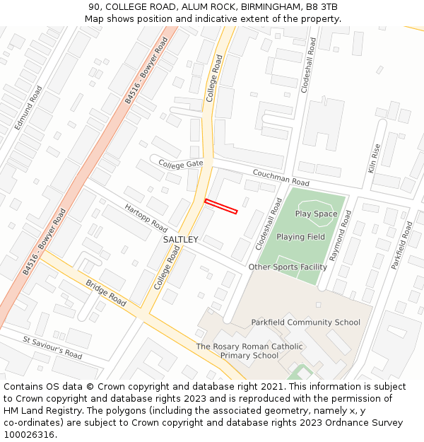 90, COLLEGE ROAD, ALUM ROCK, BIRMINGHAM, B8 3TB: Location map and indicative extent of plot