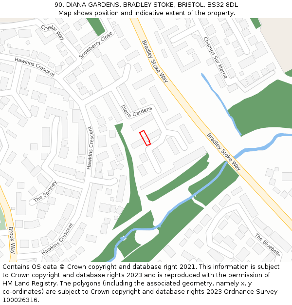 90, DIANA GARDENS, BRADLEY STOKE, BRISTOL, BS32 8DL: Location map and indicative extent of plot