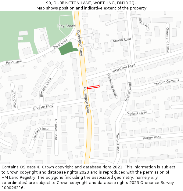 90, DURRINGTON LANE, WORTHING, BN13 2QU: Location map and indicative extent of plot