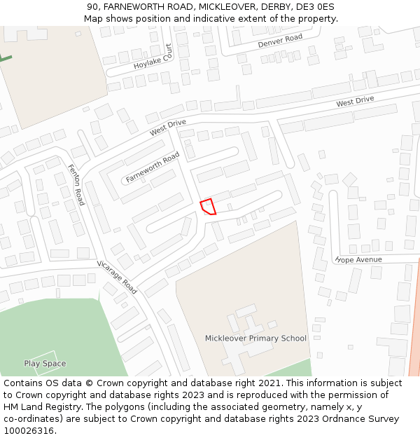 90, FARNEWORTH ROAD, MICKLEOVER, DERBY, DE3 0ES: Location map and indicative extent of plot