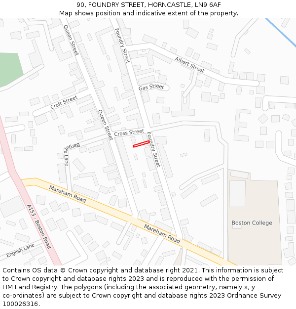 90, FOUNDRY STREET, HORNCASTLE, LN9 6AF: Location map and indicative extent of plot