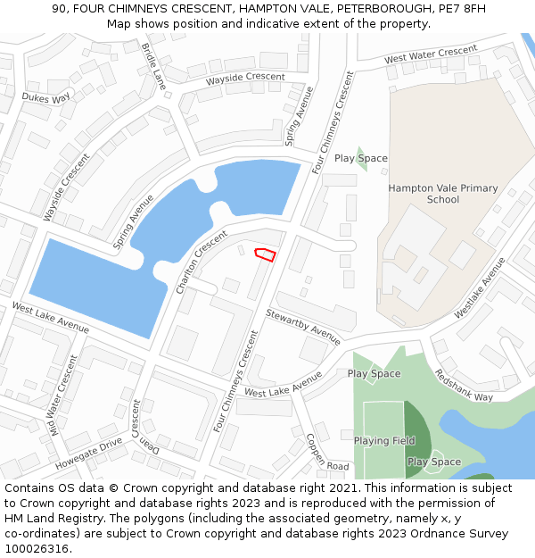90, FOUR CHIMNEYS CRESCENT, HAMPTON VALE, PETERBOROUGH, PE7 8FH: Location map and indicative extent of plot
