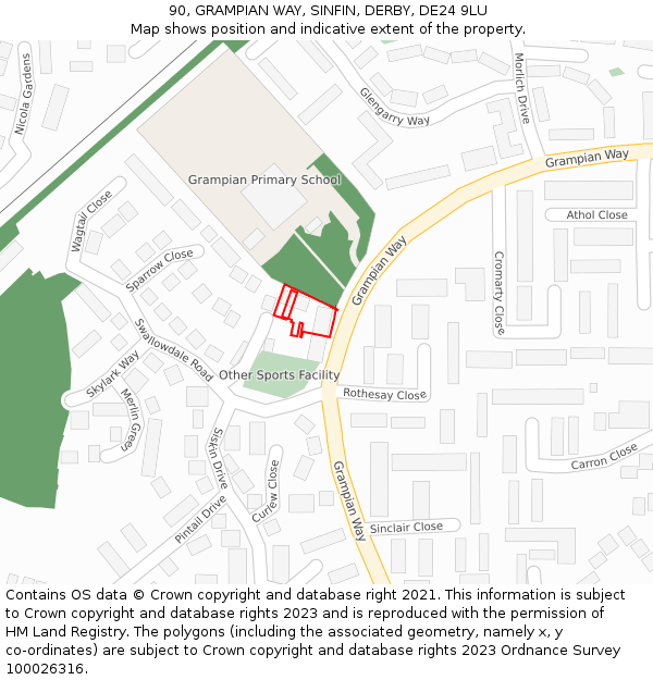 90, GRAMPIAN WAY, SINFIN, DERBY, DE24 9LU: Location map and indicative extent of plot