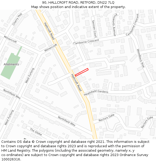 90, HALLCROFT ROAD, RETFORD, DN22 7LQ: Location map and indicative extent of plot