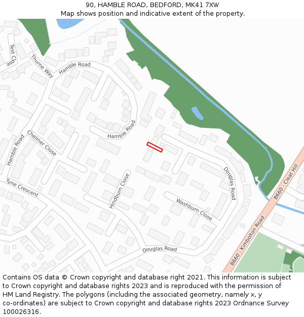 90, HAMBLE ROAD, BEDFORD, MK41 7XW: Location map and indicative extent of plot