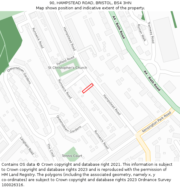 90, HAMPSTEAD ROAD, BRISTOL, BS4 3HN: Location map and indicative extent of plot
