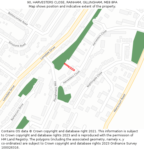 90, HARVESTERS CLOSE, RAINHAM, GILLINGHAM, ME8 8PA: Location map and indicative extent of plot