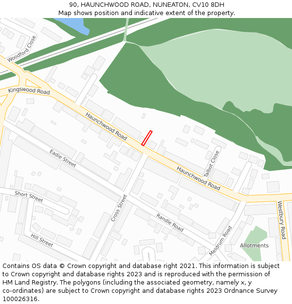 90, HAUNCHWOOD ROAD, NUNEATON, CV10 8DH: Location map and indicative extent of plot