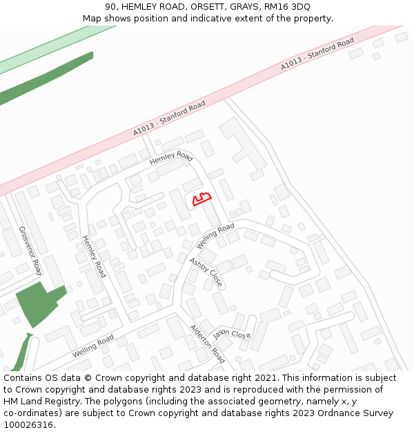 90, HEMLEY ROAD, ORSETT, GRAYS, RM16 3DQ: Location map and indicative extent of plot