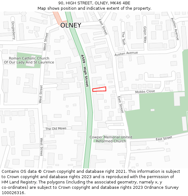 90, HIGH STREET, OLNEY, MK46 4BE: Location map and indicative extent of plot