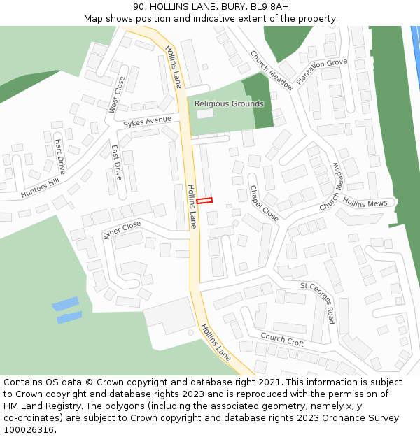 90, HOLLINS LANE, BURY, BL9 8AH: Location map and indicative extent of plot