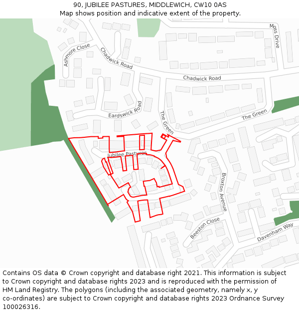 90, JUBILEE PASTURES, MIDDLEWICH, CW10 0AS: Location map and indicative extent of plot