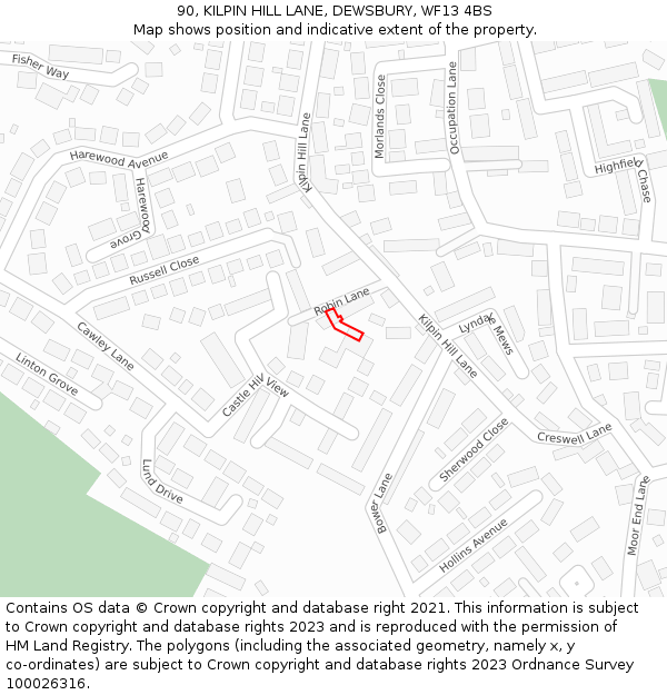 90, KILPIN HILL LANE, DEWSBURY, WF13 4BS: Location map and indicative extent of plot