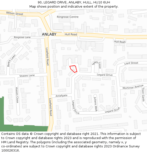 90, LEGARD DRIVE, ANLABY, HULL, HU10 6UH: Location map and indicative extent of plot