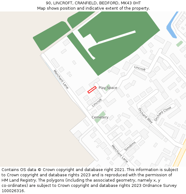 90, LINCROFT, CRANFIELD, BEDFORD, MK43 0HT: Location map and indicative extent of plot