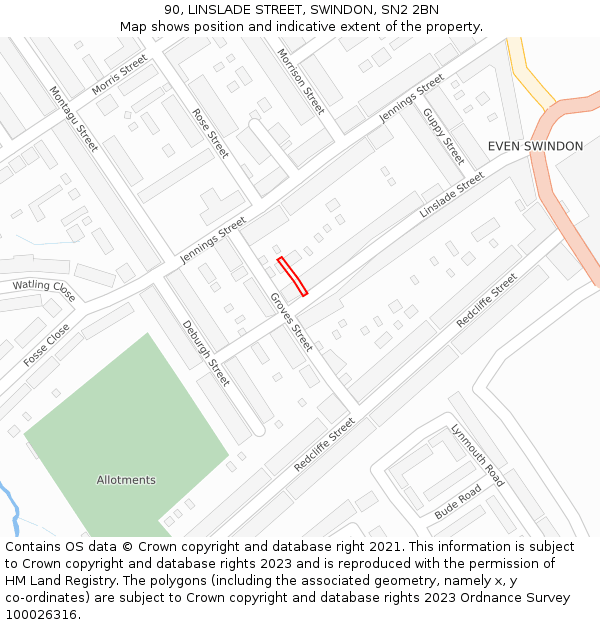 90, LINSLADE STREET, SWINDON, SN2 2BN: Location map and indicative extent of plot