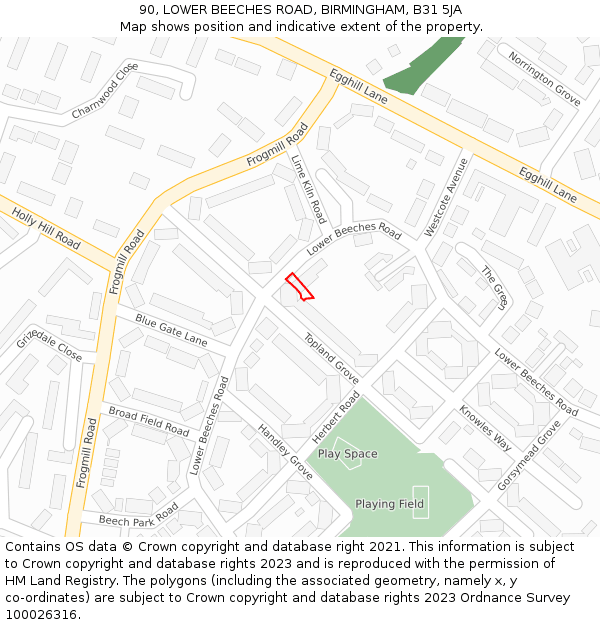 90, LOWER BEECHES ROAD, BIRMINGHAM, B31 5JA: Location map and indicative extent of plot