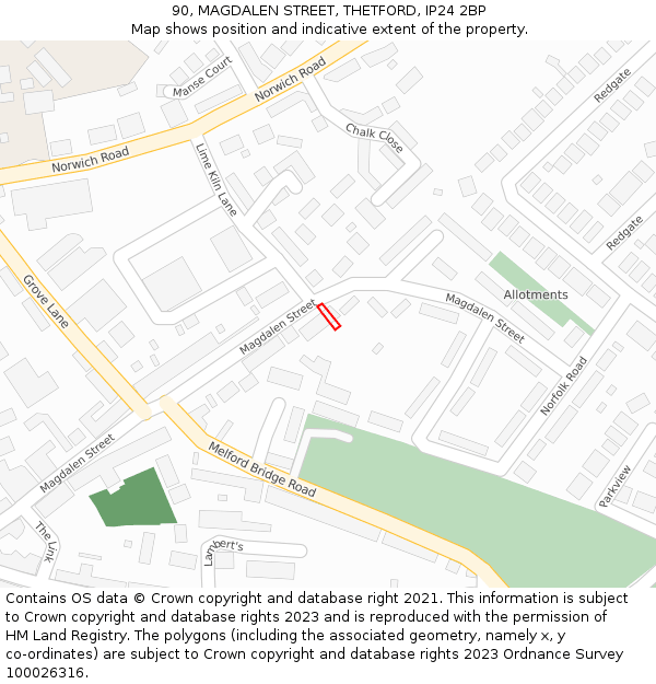 90, MAGDALEN STREET, THETFORD, IP24 2BP: Location map and indicative extent of plot