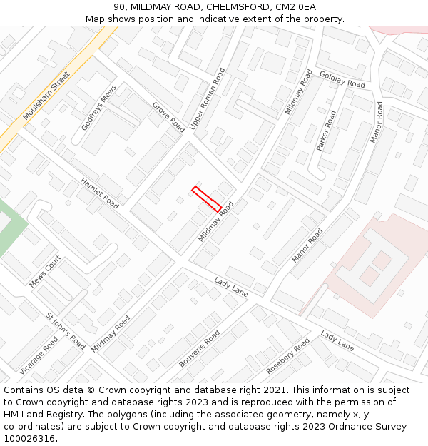 90, MILDMAY ROAD, CHELMSFORD, CM2 0EA: Location map and indicative extent of plot