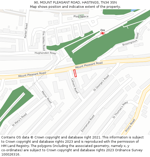 90, MOUNT PLEASANT ROAD, HASTINGS, TN34 3SN: Location map and indicative extent of plot