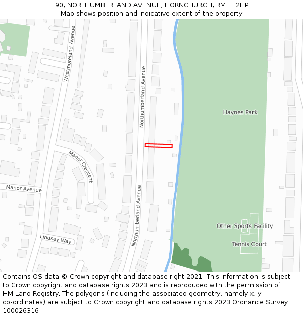 90, NORTHUMBERLAND AVENUE, HORNCHURCH, RM11 2HP: Location map and indicative extent of plot