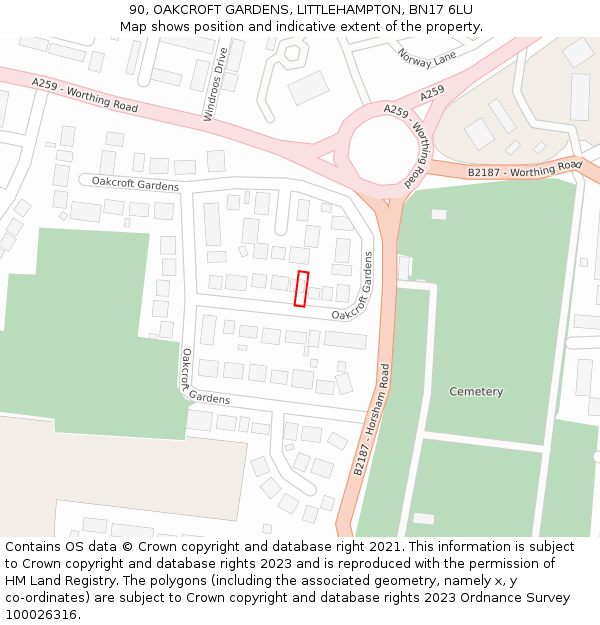90, OAKCROFT GARDENS, LITTLEHAMPTON, BN17 6LU: Location map and indicative extent of plot
